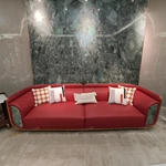 Red & Light Gray Leather Sofa Set with Marble Inlay Craftsmanship, Gold Stainless Steel Trim & Pleated Accent Chairs